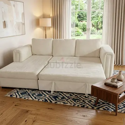 Beige L-shaped Sofa Bed with Storage - Good Condition