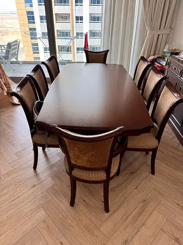 Solid wood dining table with 8 upholstered chairs  buffet storage and mirror- classic design