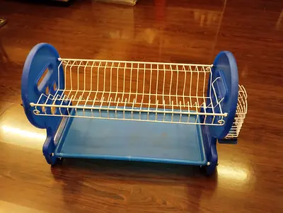 Blue 2-Tier Plastic  Metal Dish Drying Rack - Used