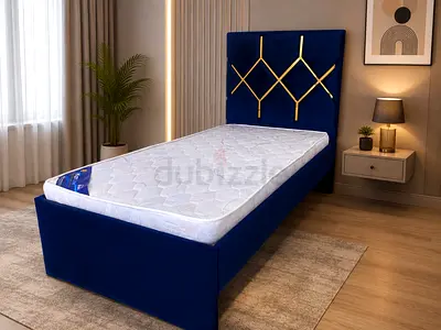 Single Velvet Bed Frame with Headboard and navy blue