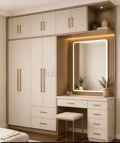 Built-in Wardrobe with Vanity and LED Mirror - Cream Wood Finish