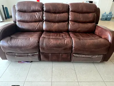 Brown 3-seater recliner sofa, genuine leather look, good condition