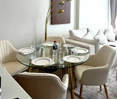 Glass Top Dining Table with 4 Upholstered Chairs — Light Modern Set