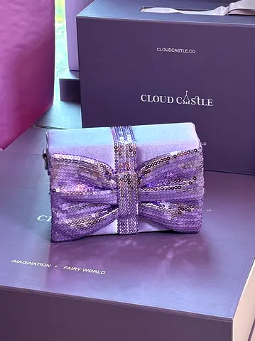 Purple sequined bow clutch handbag — new