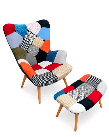 Patchwork Accent Lounge Chair with Ottoman — Mid-century Style (2 chairs + 2 ottomans 500)