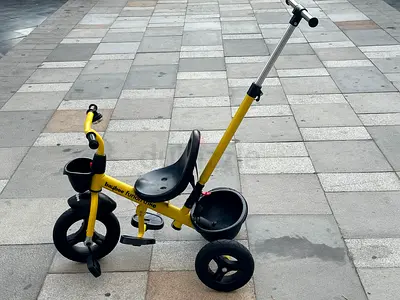 Yellow 3-Wheel Push Trike with Parent Handle and Storage Basket