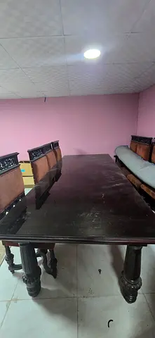 Solid Wood Dining Table with 6 Carved Chairs - Dark Finish