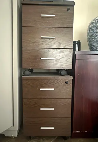 Two 3-Drawer Filing Cabinets With Wheels – Dark Wood Finish