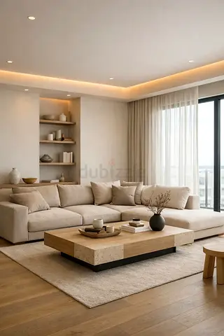Modern L-shaped Beige Fabric Sofa with Low Coffee Table