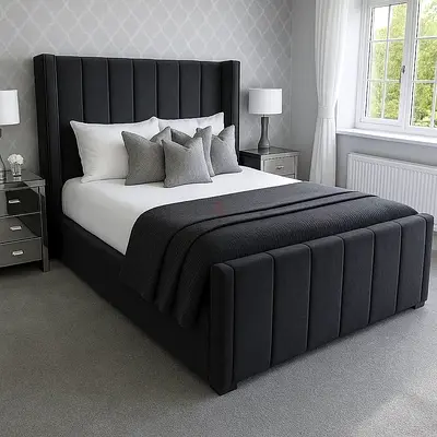 Upholstered King-Size Bed Frame with Tall Channel-Tufted Headboard - Dark Grey