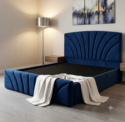 Royal Blue Velvet Upholstered Bed Frame with Scalloped Headboard