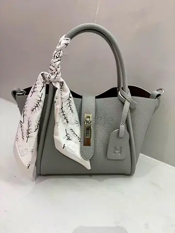 Ginni brand Light grey leather tote handbag with scarf detail