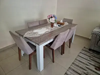 6-Seater Modern Gray Wooden Dining Table with Upholstered Chairs