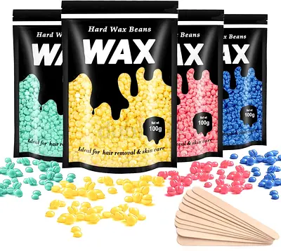 Hard Wax Beans for Hair Removal - 4 Colors, 100g Packs with Wooden Spatulas 4 PCS