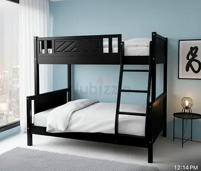 Solid Black Wooden Bunk Bed (Double on Bottom, Single on Top) - Good Condition