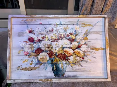 Framed Floral Oil-Style Painting on real Wood Panel