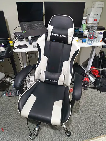 Black  white GTR Racer ergonomic gaming/office chair, Lenovo Monitor and Tablet