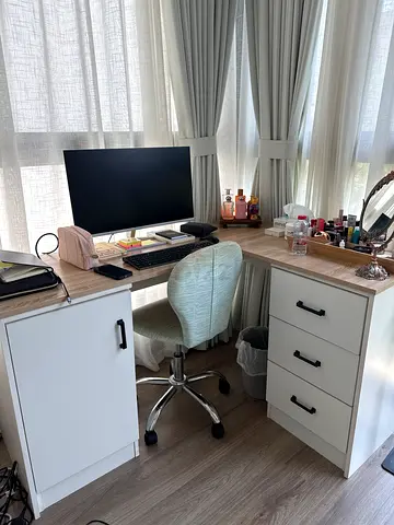 White wooden desk with drawers and matching swivel chair - good condition