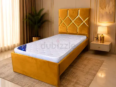 Single Velvet Bed Frame with Padded Headboard - Mustard Yellow