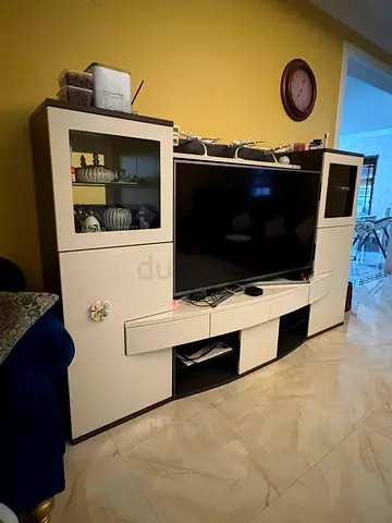 White and dark wood entertainment TV unit with storage (very good condition)