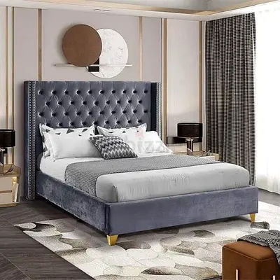 Grey Velvet Tufted Bed Frame with High Wingback Headboard