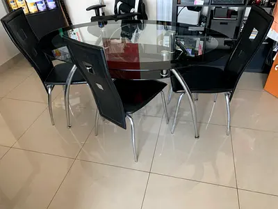 Glass Top Dining Table with 4 Black Chairs - Excellent Condition