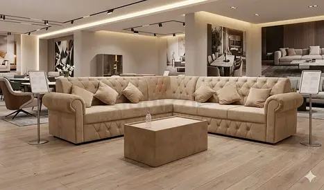 Large L-shaped Tufted Beige Sectional Sofa