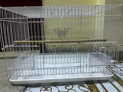White metal bird cage with perches and feeding trays - good condition