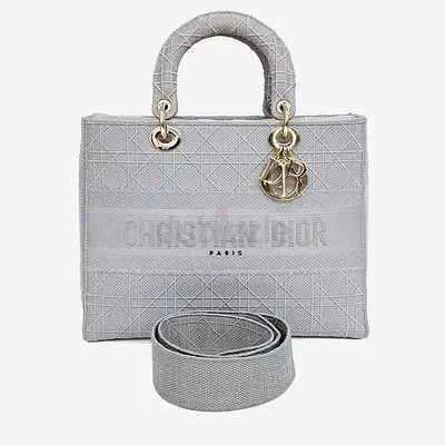 Christian Dior D-Lite Lady Large Grey Fabric Top Handle Bag