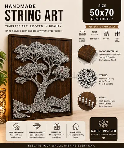 Handmade String Art Ghaf Tree on Dark Walnut Wood – 50x70 cm