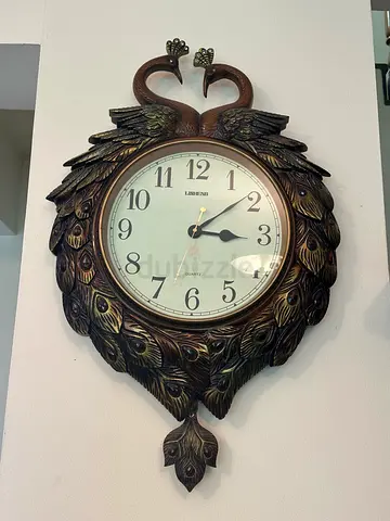 Very Large Twin Peacock Wall Clock with Swinging Pendulum Tail (Needs Repair)