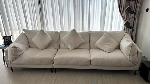 Light beige 3-seater fabric sofa with cushions - good condition