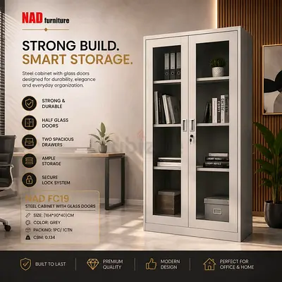 Steel Office Cabinet with Glass Doors — Grey, Lockable Storage