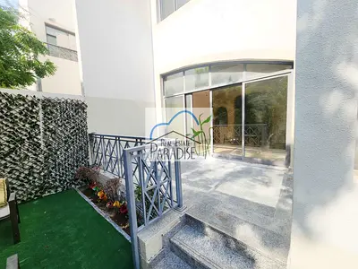 Away from fly zone/ private entrance 3 bedrooms/tv lounge/maids room/private back garden/ shared swimming pool / 5 car paring space/for rent in mirdif