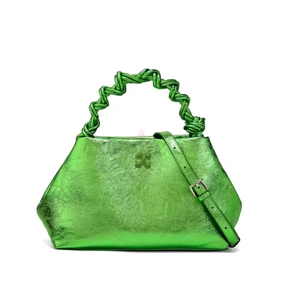 Ginni brand Green Metallic Leather Shoulder Bag with Knotted Handle