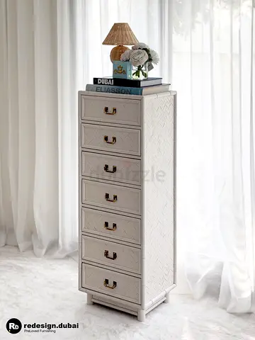 VINTAGE COSTAL WHITE BAMBOO CHEST or console or storage drawer cabinet or vanity or armoire chinese