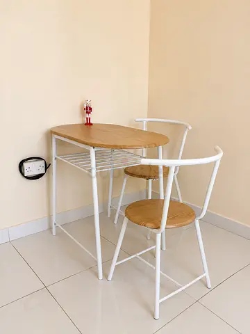 Compact 2-Seater Dining Set - Wood Top with White Metal Frame