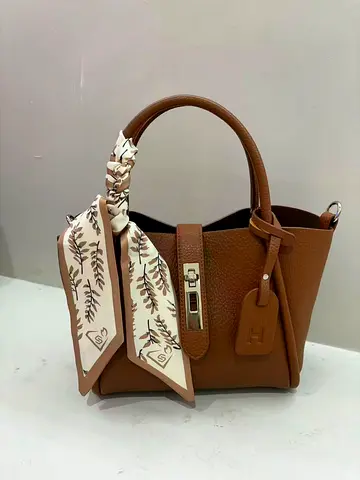Hermes-master copy Brown leatherette structured handbag with scarf detail