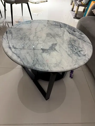 Round Marble-Top Coffee Table with Black Metal Base - Good Condition
