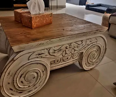 Handcrafted Rustic Carved Wooden Coffee Table - Distressed White Finish