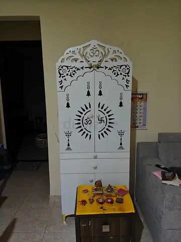 White Wooden Pooja Mandir/Prayer Cabinet with Carved Doors