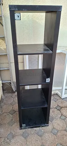 Tall dark wood shelving unit - 5 open cubbies, good condition