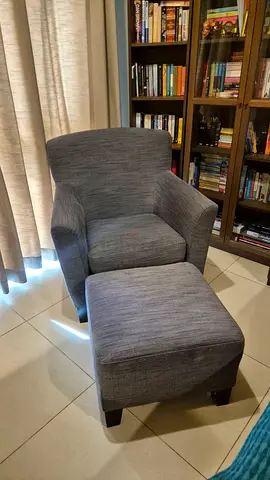 Ikea - Grey upholstered armchair with matching ottoman - very good condition
