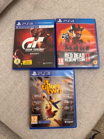 Set of 3 PS4 Games: Red Dead Redemption II, Gran Turismo Sport, and It Takes Two.