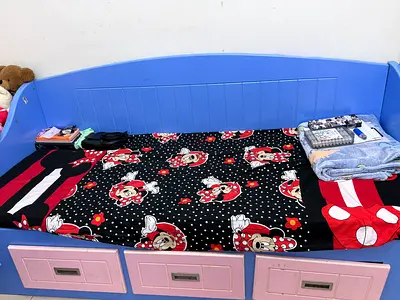 Blue single kids bed with storage drawers - good condition with mattress