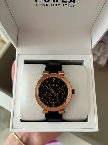 Furla Rose Gold Round Dial Womens Watch with Black Leather Strap
