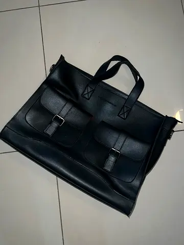 Black Leather Bag with Front Buckle Pockets