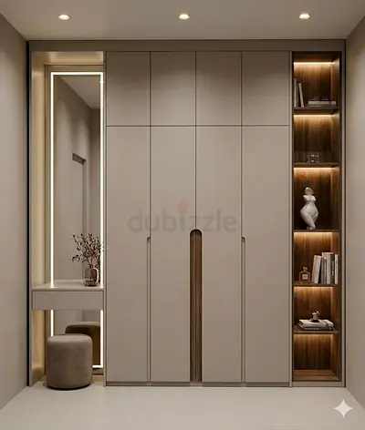 Modern built-in wardrobe with integrated shelving and vanity