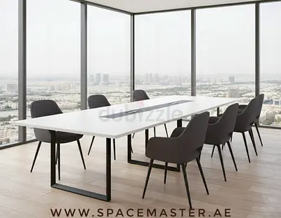 Modern White Conference Table with 8 Grey Upholstered Chairs