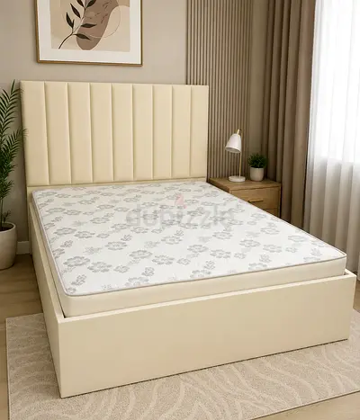 Beige upholstered double bed frame with mattress - good condition